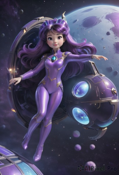 1girl,solo,long hair,breasts,looking at viewer,smile,bangs,brown eyes,full body,purple hair,small breasts,boots,star (symbol),black eyes,lips,bodysuit,outstretched arm,gem,star (sky),skin tight,floating,science fiction,shiny clothes,space,planet,purple bodysuit,spacecraft,spacesuit,purple eyes,earth (planet)