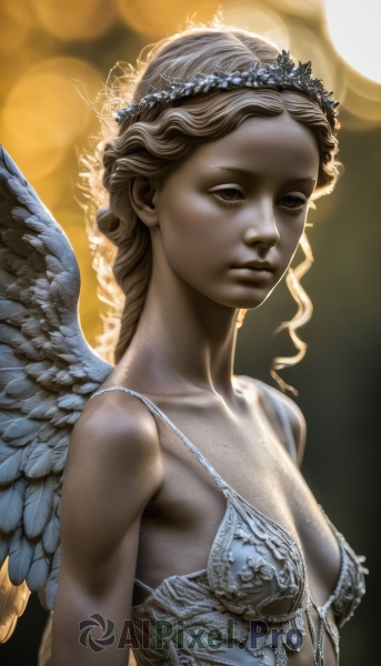 1girl,solo,long hair,breasts,looking at viewer,blonde hair,brown hair,cleavage,bare shoulders,brown eyes,closed mouth,underwear,collarbone,upper body,small breasts,wings,blurry,lips,lingerie,feathered wings,backlighting,curly hair,angel wings,realistic,white wings,angel,head wreath,signature,tiara,empty eyes