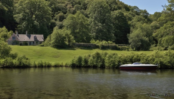 outdoors,sky,day,water,tree,blue sky,no humans,grass,nature,scenery,forest,reflection,watercraft,river,boat,building,bush,house,lake