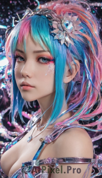 1girl,solo,long hair,breasts,looking at viewer,bangs,blue eyes,hair ornament,cleavage,bare shoulders,jewelry,medium breasts,closed mouth,blue hair,collarbone,upper body,ponytail,pink hair,flower,multicolored hair,hair flower,necklace,from side,two-tone hair,lips,grey eyes,eyelashes,aqua hair,makeup,gem,pendant,eyeshadow,pink lips,realistic,nose,eyeliner,mascara,sidelocks,hairband,artist name,signature,bra,watermark,expressionless,tiara,lipstick,portrait,strap slip