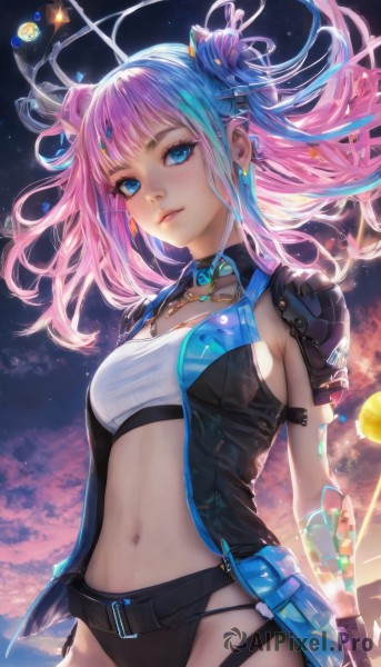 1girl,solo,long hair,breasts,looking at viewer,blush,bangs,blue eyes,hair ornament,gloves,navel,jewelry,medium breasts,underwear,blue hair,standing,panties,jacket,pink hair,multicolored hair,cowboy shot,earrings,parted lips,open clothes,sky,black gloves,midriff,belt,cloud,stomach,hair bun,two-tone hair,open jacket,lips,black jacket,black panties,double bun,sideboob,gradient hair,floating hair,piercing,ear piercing,star (sky),science fiction,arms at sides,smile,closed mouth,choker,necklace,starry sky,freckles,tube top