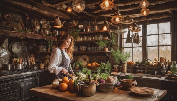 1girl,solo,long hair,blonde hair,brown hair,shirt,long sleeves,holding,standing,white shirt,food,indoors,apron,vest,tree,cup,lips,window,fruit,wavy hair,table,bottle,knife,plant,steam,scenery,plate,bowl,spoon,basket,glass,potted plant,bread,cooking,shelf,ladle,orange (fruit),kitchen,wine bottle,jar,vegetable,frying pan,light bulb,counter,ceiling light,cabinet,stove,kitchen knife,cutting board,weighing scale,onion,loaded interior,closed eyes,realistic,fantasy,carrot,tomato