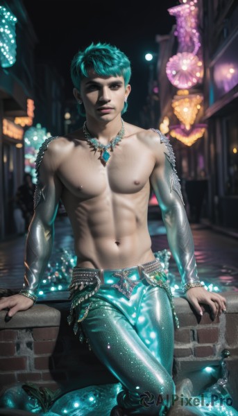 solo,looking at viewer,short hair,1boy,navel,jewelry,sitting,nipples,blue hair,male focus,earrings,outdoors,green hair,pants,artist name,necklace,blurry,bracelet,lips,aqua hair,night,watermark,piercing,abs,pectorals,gem,web address,toned,topless male,realistic,navel piercing,toned male,monster boy,standing,belt,nail polish,tattoo,muscular,black nails,night sky,lamp,brick wall