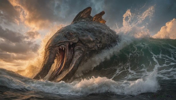 open mouth,outdoors,sky,teeth,cloud,water,no humans,ocean,cloudy sky,sharp teeth,scenery,monster,realistic,giant,waves,lightning,kaijuu,animal,splashing