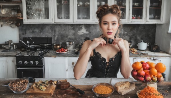 1girl,solo,breasts,looking at viewer,blue eyes,brown hair,dress,cleavage,bare shoulders,brown eyes,medium breasts,upper body,heart,parted lips,food,sleeveless,choker,indoors,hair bun,mole,black dress,cup,lips,window,fruit,sleeveless dress,table,bottle,knife,steam,plate,bowl,realistic,fork,apple,heart hands,orange (fruit),kitchen,sink,counter,kettle,stove,kitchen knife,cutting board,steak,collar,curly hair,spoon,bread,cooking,potato,corded phone