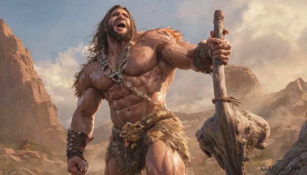 solo,long hair,open mouth,brown hair,1boy,navel,holding,jewelry,nipples,standing,closed eyes,weapon,male focus,thighs,cowboy shot,outdoors,sky,teeth,day,belt,cloud,necklace,stomach,holding weapon,blue sky,fur trim,muscular,facial hair,chain,scar,thick thighs,abs,cloudy sky,pectorals,muscular male,clenched hand,bara,beard,large pectorals,veins,topless male,skull,rock,mountain,mature male,bracer,axe,manly,bare pectorals,chest hair,loincloth,biceps,holding axe,club (weapon),tooth necklace,veiny arms,black hair,from below,realistic,hammer,shouting,navel hair,screaming,dust,thick arms,holding hammer