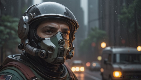 solo,looking at viewer,1boy,brown eyes,upper body,male focus,outdoors,armor,blurry,uniform,tree,military,mask,depth of field,blurry background,backpack,helmet,ground vehicle,building,portrait,motor vehicle,rain,realistic,car,police,police uniform,american flag,united states,night,headset