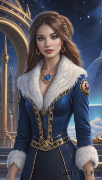 1girl,solo,long hair,breasts,looking at viewer,smile,brown hair,long sleeves,dress,cleavage,brown eyes,jewelry,medium breasts,standing,braid,earrings,outdoors,sky,necklace,lips,coat,fur trim,makeup,night,blue dress,lipstick,gem,star (sky),night sky,pendant,starry sky,hoop earrings,realistic,nose,red lips,fur-trimmed sleeves,blue coat,closed mouth,collarbone,cowboy shot,belt,artist name,cloud,watermark,wavy hair