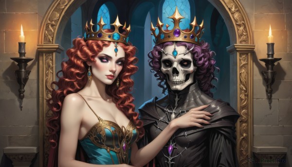 1girl,long hair,breasts,looking at viewer,blush,brown hair,red eyes,1boy,dress,cleavage,bare shoulders,jewelry,medium breasts,purple eyes,collarbone,upper body,purple hair,red hair,earrings,indoors,lips,makeup,glowing,wavy hair,fire,tiara,crown,lipstick,gem,pale skin,eyeshadow,curly hair,skull,mirror,hand on another's shoulder,red lips,candle,forehead jewel,skeleton,flame,large breasts,artist name,pink eyes,necklace,cape,window,cross,glowing eyes,candlestand