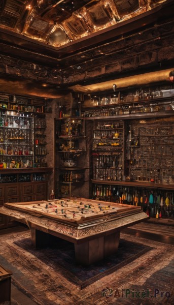 indoors,cup,no humans,table,bottle,scenery,alcohol,drinking glass,wooden floor,bookshelf,wine glass,stool,wine,shelf,wine bottle,bar (place),counter,bar stool,signature,stairs,fantasy,candle,shop,chandelier