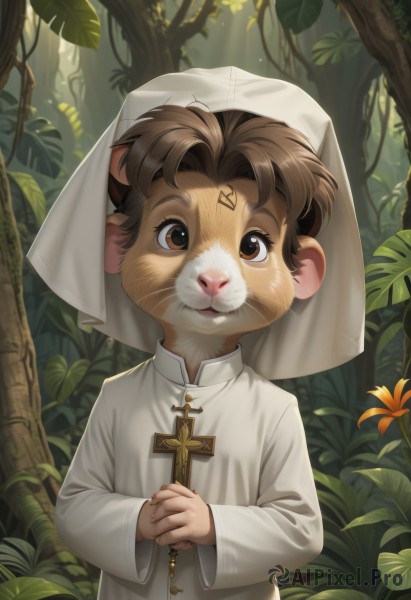 solo,looking at viewer,short hair,brown hair,long sleeves,1boy,holding,animal ears,brown eyes,upper body,flower,male focus,outdoors,day,tree,animal,facial mark,sunlight,own hands together,cross,plant,child,nature,furry,forest,robe,forehead mark,nun,furry male,habit,male child,whiskers,priest,lion boy,hat,jewelry,leaf,extra ears,mouse ears,cross necklace,latin cross