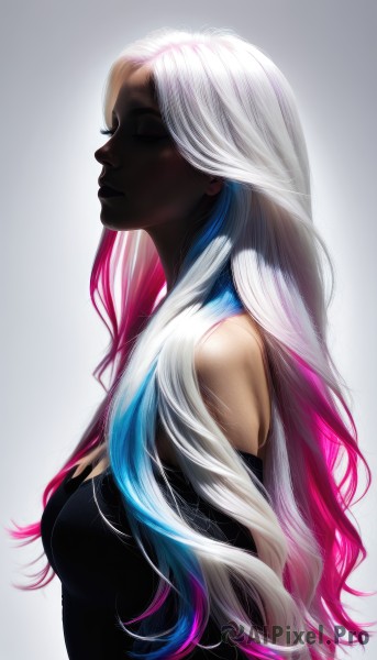 1girl,solo,long hair,breasts,simple background,dress,bare shoulders,medium breasts,closed mouth,blue hair,closed eyes,upper body,pink hair,white hair,multicolored hair,detached sleeves,dark skin,grey background,black dress,from side,two-tone hair,dark-skinned female,lips,gradient,profile,makeup,gloves,white background,very long hair,sleeveless,elbow gloves,artist name,streaked hair,gradient background,eyelashes,gradient hair,sleeveless dress,watermark,wavy hair,nose,very dark skin,rainbow hair