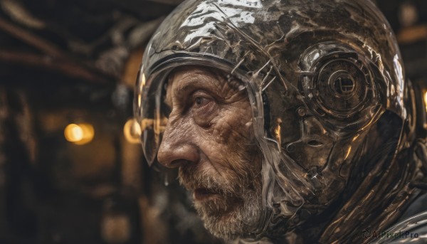 solo,1boy,closed mouth,upper body,male focus,blurry,from side,profile,depth of field,blurry background,facial hair,helmet,portrait,beard,science fiction,realistic,old,old man,shiny,armor,black eyes,wet,night,close-up