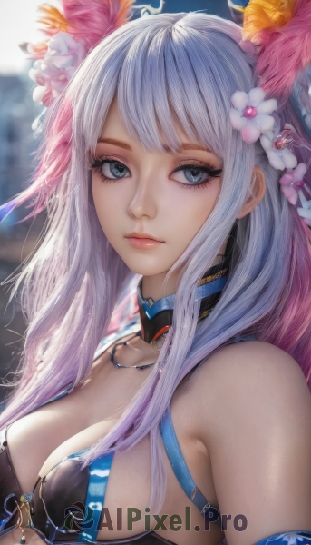 1girl,solo,long hair,breasts,looking at viewer,bangs,blue eyes,hair ornament,cleavage,bare shoulders,jewelry,medium breasts,closed mouth,swimsuit,upper body,flower,white hair,sidelocks,bikini,multicolored hair,choker,artist name,hair flower,necklace,blurry,lips,eyelashes,gradient hair,makeup,blurry background,black bikini,armlet,eyeshadow,pink lips,realistic,nose,mascara,large breasts,blue hair,pink hair,detached collar,feathers,close-up,feather hair ornament