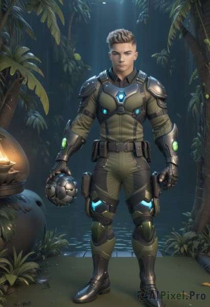 solo,looking at viewer,short hair,brown hair,black hair,gloves,1boy,holding,brown eyes,standing,full body,male focus,boots,outdoors,belt,water,armor,tree,bodysuit,glowing,leaf,helmet,plant,gauntlets,clenched hand,nature,forest,headwear removed,pouch,palm tree,pilot suit,knee pads,shoulder pads,explosive,helmet removed,holding helmet,weapon,fingerless gloves,gun,night,ball,undercut,soccer ball