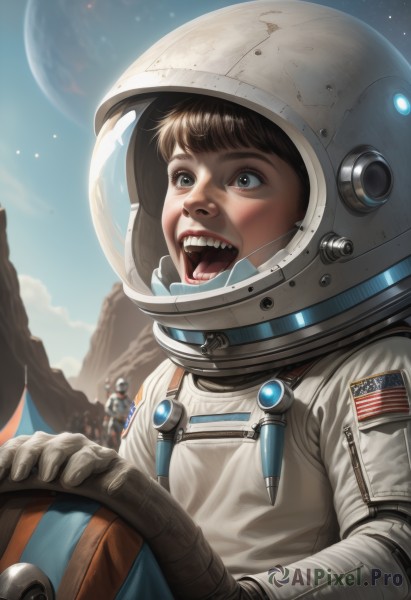 open mouth,brown hair,gloves,1boy,brown eyes,upper body,male focus,multiple boys,sky,teeth,solo focus,tongue,white gloves,signature,blood,fangs,moon,helmet,sharp teeth,star (sky),science fiction,realistic,nose,flag,space,planet,earth (planet),american flag,spacesuit,japanese flag,space helmet,astronaut,1girl,solo,outdoors,blurry,lips,pilot suit,helmet removed,pilot