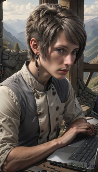 1girl,solo,looking at viewer,short hair,blue eyes,brown hair,shirt,1boy,jewelry,sitting,white shirt,upper body,male focus,earrings,sky,day,cloud,indoors,vest,lips,grey eyes,window,buttons,sleeves rolled up,freckles,mountain,realistic,nose,computer,laptop,keyboard (computer),bangs,outdoors,parted lips,pen,dirty