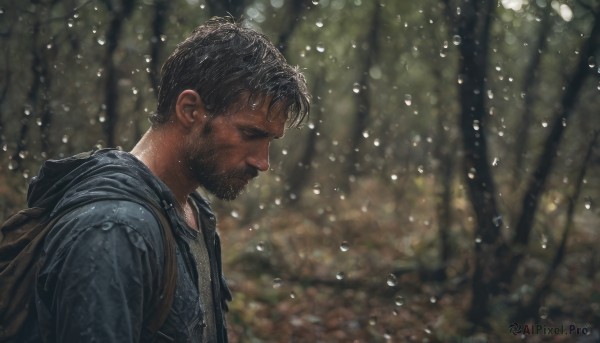 solo, black hair, 1boy, jacket, closed eyes, upper body, male focus, outdoors, hood, bag, blurry, from side, tree, wet, profile, blurry background, facial hair, backpack, nature, beard, forest, rain, water drop, realistic, wet hair