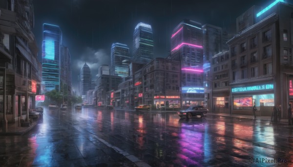 outdoors,sky,cloud,water,tree,no humans,night,cloudy sky,ground vehicle,building,night sky,scenery,motor vehicle,reflection,rain,city,sign,car,road,cityscape,lamppost,street,skyscraper,puddle,city lights,neon lights,science fiction,dark,crosswalk