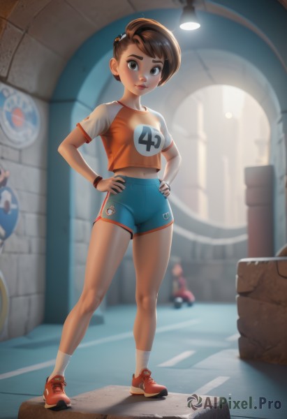 1girl,solo,breasts,looking at viewer,short hair,bangs,multiple girls,brown hair,shirt,hair ornament,navel,2girls,brown eyes,jewelry,closed mouth,standing,full body,short sleeves,small breasts,shoes,shorts,solo focus,socks,midriff,artist name,indoors,signature,blurry,side ponytail,bracelet,lips,crop top,short shorts,depth of field,blurry background,swept bangs,watermark,thick eyebrows,wristband,red footwear,sneakers,web address,legs apart,blue shorts,hands on hips,sign,nose,very short hair,orange shirt,poster (object),tomboy,medium breasts,white socks,genderswap