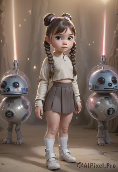 1girl,solo,long hair,looking at viewer,blue eyes,skirt,brown hair,shirt,black hair,hair ornament,long sleeves,closed mouth,standing,full body,white shirt,braid,pleated skirt,boots,shoes,socks,hair bun,black eyes,twin braids,flat chest,lips,loli,white footwear,robot,white socks,child,mecha,grey skirt,science fiction,realistic,female child,energy sword,non-humanoid robot,lightsaber,bangs,twintails,weapon,sword,double bun