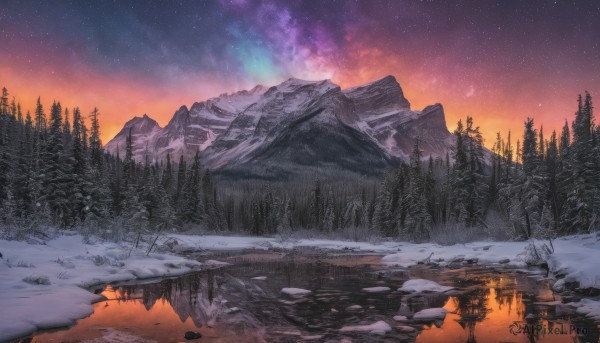 outdoors,sky,cloud,water,tree,no humans,night,star (sky),nature,night sky,scenery,snow,forest,starry sky,reflection,sunset,rock,mountain,winter,bare tree,river,landscape,lake,gradient sky,reflective water,pine tree