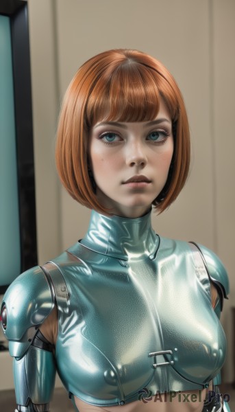 1girl,solo,breasts,looking at viewer,short hair,bangs,blue eyes,brown hair,medium breasts,closed mouth,upper body,midriff,shiny,blunt bangs,mole,covered nipples,lips,crop top,mole under eye,bodysuit,makeup,bob cut,skin tight,freckles,science fiction,android,cyborg,latex,robot joints,indoors,armor,shiny clothes,realistic,nose