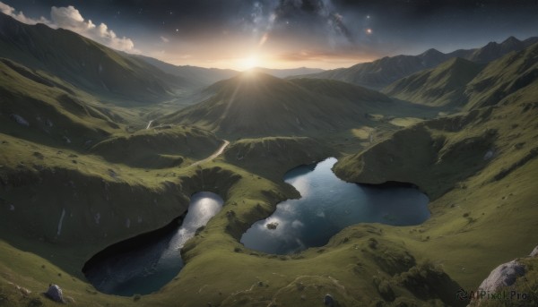 A calm sunset outdoors highlighting a spacecraft