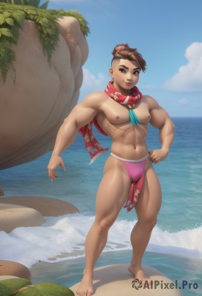 solo,looking at viewer,smile,short hair,brown hair,1boy,navel,brown eyes,jewelry,underwear,nipples,standing,full body,male focus,thighs,outdoors,sky,barefoot,day,cloud,water,stomach,scarf,blue sky,lips,hand on hip,muscular,ocean,beach,thick thighs,abs,thick eyebrows,pectorals,muscular male,bara,pelvic curtain,large pectorals,bulge,topless male,rock,sand,cliff,swim briefs,1girl,breasts,hair ornament,earrings,small breasts,shiny,dark skin,feet,toes,toenails,red scarf,undercut,loincloth,biceps,flaccid