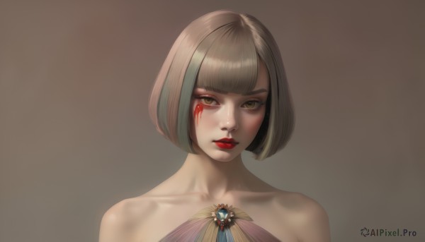 1girl,solo,looking at viewer,short hair,bangs,simple background,brown hair,bare shoulders,brown eyes,jewelry,closed mouth,collarbone,yellow eyes,upper body,multicolored hair,parted lips,blunt bangs,grey background,lips,blood,makeup,bob cut,lipstick,gem,portrait,brown background,red lips,facepaint,blonde hair,green hair,facial mark,realistic,nose