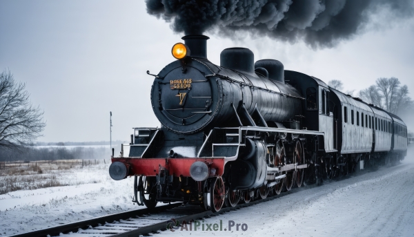 weapon,outdoors,sky,day,cloud,tree,military,no humans,ground vehicle,motor vehicle,snow,smoke,aircraft,military vehicle,tank,winter,vehicle focus,caterpillar tracks,world war ii,scenery,bare tree,fog,train,grey sky,railroad tracks,wheel