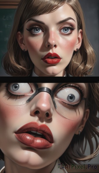 1girl,looking at viewer,blush,open mouth,blue eyes,brown hair,jewelry,earrings,parted lips,glasses,teeth,tongue,indoors,medium hair,lips,grey eyes,eyelashes,makeup,piercing,lipstick,portrait,close-up,freckles,wide-eyed,2koma,red lips,classroom,chalkboard,eye focus,short hair,bangs,multiple girls,2girls,artist name,black-framed eyewear,realistic,nose,stud earrings