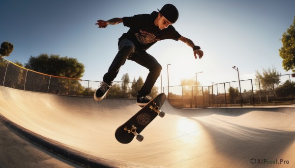 solo,shirt,black hair,gloves,1boy,hat,male focus,outdoors,sky,shoes,pants,tree,black shirt,t-shirt,sneakers,baseball cap,sportswear,fence,road,skateboard,tattoo,sunset,jumping,realistic,beanie,lamppost,nike,park