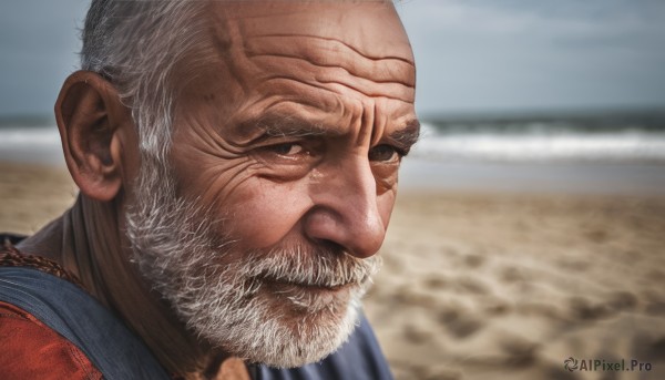 solo,looking at viewer,1boy,brown eyes,closed mouth,upper body,white hair,male focus,outdoors,day,necklace,blurry,blurry background,facial hair,scar,beach,portrait,beard,realistic,mustache,sand,bald,manly,old,old man,wrinkled skin,shirt,grey hair,sky,black eyes,blue shirt,scar on face