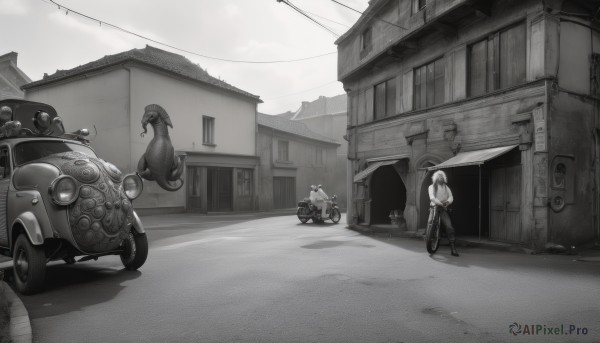 1girl,short hair,1boy,hat,monochrome,greyscale,outdoors,sky,bird,ground vehicle,building,scenery,motor vehicle,car,road,vehicle focus,motorcycle,power lines,street,bicycle,utility pole,standing,male focus,multiple boys,shadow,house