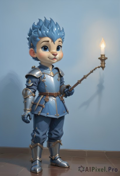 solo,looking at viewer,blush,smile,short hair,open mouth,blue eyes,1boy,holding,blue hair,standing,full body,male focus,boots,belt,pants,armor,:3,blue background,shoulder armor,gauntlets,furry,blue pants,armored boots,candle,furry male,greaves,plate armor,weapon,fire,spiked hair,staff