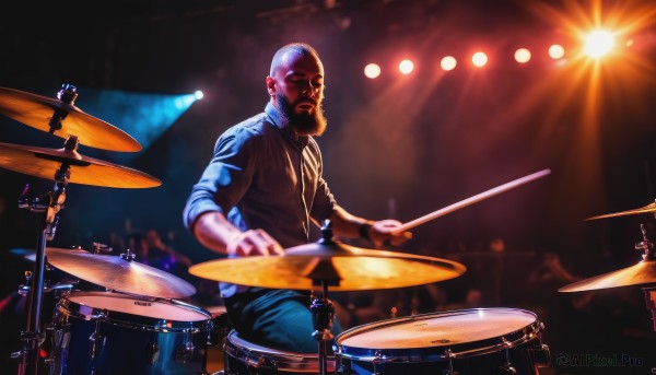 solo,short hair,shirt,1boy,holding,white hair,male focus,pants,blurry,facial hair,dark-skinned male,instrument,beard,sleeves rolled up,realistic,mustache,music,light,bald,manly,old,playing instrument,old man,drum,stage,spotlight,drumsticks,stage lights,drum set,sitting,collared shirt,guitar,keyboard (instrument)