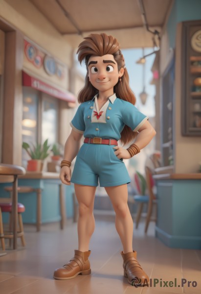 1girl,solo,long hair,looking at viewer,smile,brown hair,shirt,brown eyes,jewelry,closed mouth,standing,full body,short sleeves,earrings,shoes,shorts,collared shirt,belt,artist name,indoors,blurry,black eyes,flat chest,bracelet,hand on hip,buttons,blurry background,chair,brown footwear,table,thick eyebrows,blue shirt,wristband,child,buckle,blue shorts,belt buckle,female child,potted plant,stool,dress,depth of field,plant,shop