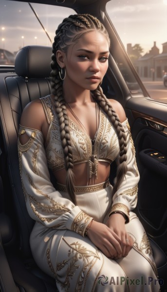 1girl,solo,long hair,breasts,looking at viewer,skirt,brown hair,black hair,long sleeves,cleavage,bare shoulders,brown eyes,jewelry,medium breasts,sitting,braid,earrings,outdoors,parted lips,detached sleeves,sky,midriff,artist name,dark skin,necklace,twin braids,bracelet,dark-skinned female,lips,crop top,white skirt,own hands together,ground vehicle,hair over shoulder,motor vehicle,forehead,gold trim,long skirt,hoop earrings,realistic,nose,car,car interior,hands on lap,multiple braids,blue eyes,closed mouth,collarbone,pants,facial mark,piercing,sunlight,thick eyebrows,dreadlocks