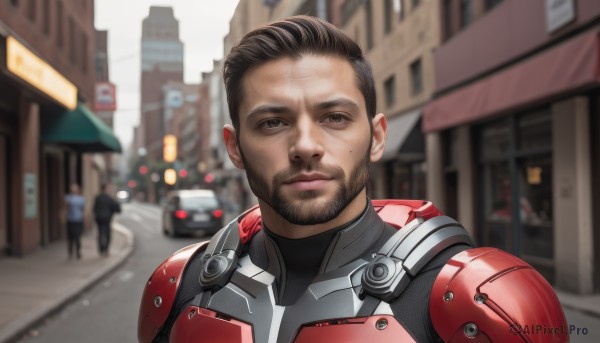 solo,looking at viewer,short hair,brown hair,black hair,1boy,brown eyes,closed mouth,upper body,male focus,outdoors,solo focus,day,armor,mole,blurry,mole under eye,bodysuit,depth of field,blurry background,facial hair,ground vehicle,building,motor vehicle,beard,science fiction,city,mature male,realistic,car,road,animification,street,power armor,multiple boys,lips,cosplay,portrait,superhero,people