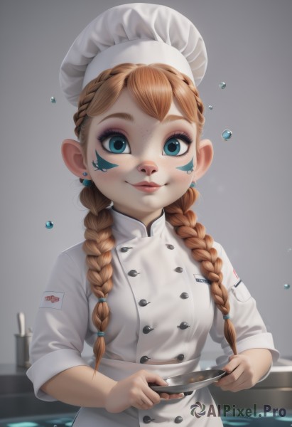 1girl,solo,long hair,breasts,looking at viewer,smile,blue eyes,brown hair,hat,holding,jewelry,closed mouth,upper body,braid,earrings,small breasts,food,artist name,water,twin braids,wet,makeup,buttons,white headwear,knife,child,hair over shoulder,plate,freckles,fish,female child,holding knife,stud earrings,chef hat,chef,blonde hair,grey background,orange hair,lips,facial mark,thick eyebrows,lipstick,nose,facepaint