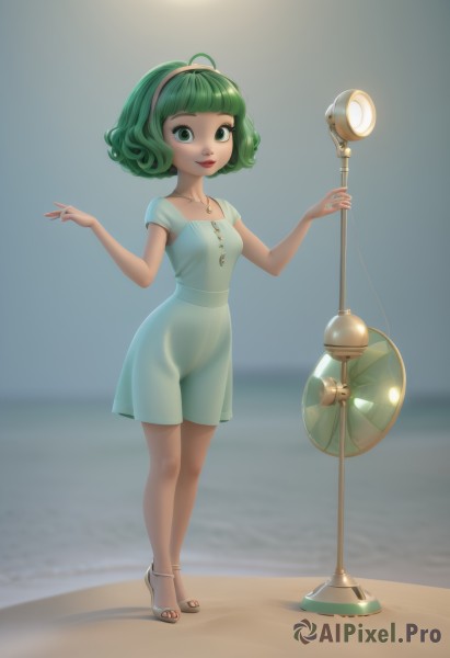 1girl,solo,breasts,looking at viewer,smile,short hair,bangs,dress,jewelry,green eyes,standing,collarbone,full body,ahoge,short sleeves,hairband,small breasts,outdoors,green hair,blunt bangs,water,necklace,nail polish,white dress,blurry,high heels,lips,see-through,blurry background,ocean,beach,sandals,white footwear,curly hair,sand,electric fan,holding,parted lips,shoes,artist name,watermark,staff,web address