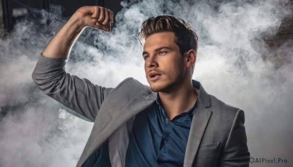 solo,short hair,blue eyes,brown hair,shirt,black hair,1boy,jacket,upper body,male focus,parted lips,collared shirt,arm up,lips,looking to the side,dress shirt,buttons,facial hair,formal,suit,blue shirt,clenched hand,smoke,realistic,grey jacket,manly,teeth,hand up,muscular,parody,beard,meme,animification,scene reference