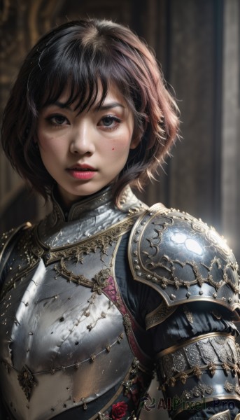 1girl,solo,looking at viewer,short hair,bangs,brown hair,black hair,brown eyes,upper body,parted lips,armor,mole,blurry,black eyes,lips,eyelashes,makeup,blurry background,rose,lipstick,shoulder armor,freckles,pauldrons,breastplate,realistic,nose,red lips,knight,gorget,chainmail,plate armor,blush,artist name,watermark,blood on face,dirty