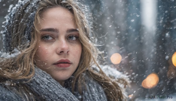 1girl, solo, long hair, looking at viewer, blonde hair, parted lips, scarf, blurry, lips, grey eyes, portrait, snow, freckles, snowing, realistic, nose, winter