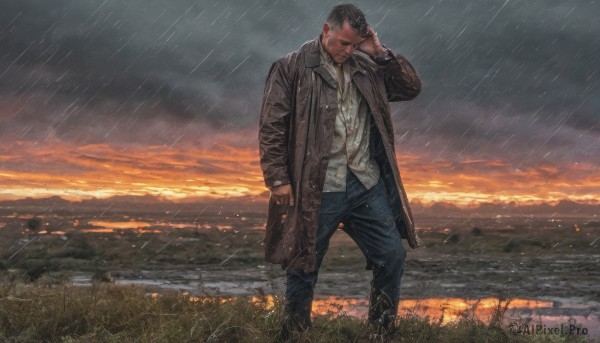 solo,short hair,brown hair,shirt,black hair,1boy,holding,standing,jacket,white shirt,male focus,boots,outdoors,open clothes,sky,pants,cloud,bag,coat,wet,facial hair,phone,cloudy sky,grass,denim,scenery,beard,rain,sunset,brown jacket,jeans,stubble,field,talking on phone,closed mouth,closed eyes,collared shirt,water,open jacket,wet clothes,hand in pocket,wet hair,leather,brown coat,mountainous horizon