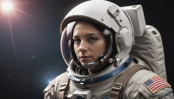 1girl,solo,looking at viewer,brown eyes,upper body,signature,dark skin,lips,helmet,portrait,lens flare,realistic,nose,sun,space,american flag,spacesuit,japanese flag,space helmet,united states,astronaut,brown hair,bag,backpack,black background,headset,planet,flag print,american flag print