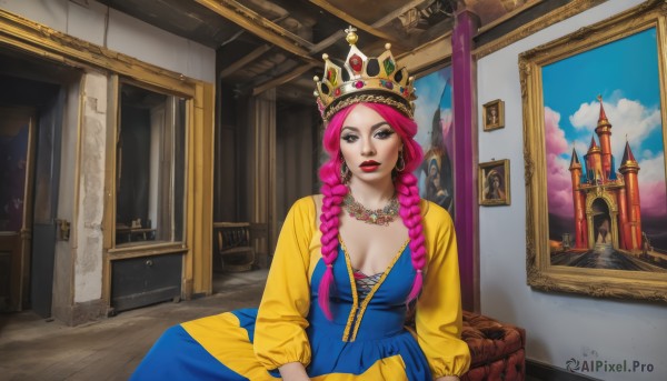 1girl,solo,long hair,breasts,looking at viewer,long sleeves,dress,cleavage,brown eyes,jewelry,medium breasts,sitting,pink hair,braid,earrings,sky,cloud,indoors,necklace,twin braids,makeup,blue dress,crown,lipstick,hair over shoulder,basket,red lips,painting (object),red hair,lips,castle,throne