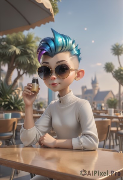 1girl,solo,looking at viewer,smile,short hair,long sleeves,holding,jewelry,sitting,blue hair,purple hair,multicolored hair,earrings,outdoors,day,blurry,two-tone hair,sweater,tree,cup,lips,streaked hair,fingernails,makeup,depth of field,blurry background,turtleneck,umbrella,chair,table,sunglasses,bottle,casual,building,turtleneck sweater,nose,round eyewear,palm tree,white sweater,undercut,cafe,aviator sunglasses,blue eyes,nail polish,aqua hair,spiked hair,mohawk