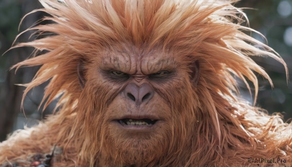 solo,looking at viewer,open mouth,blonde hair,1boy,male focus,teeth,blurry,depth of field,blurry background,facial hair,fangs,portrait,beard,close-up,realistic,lion ears,lion,animal ears,brown eyes,orange hair,spiked hair,clenched teeth